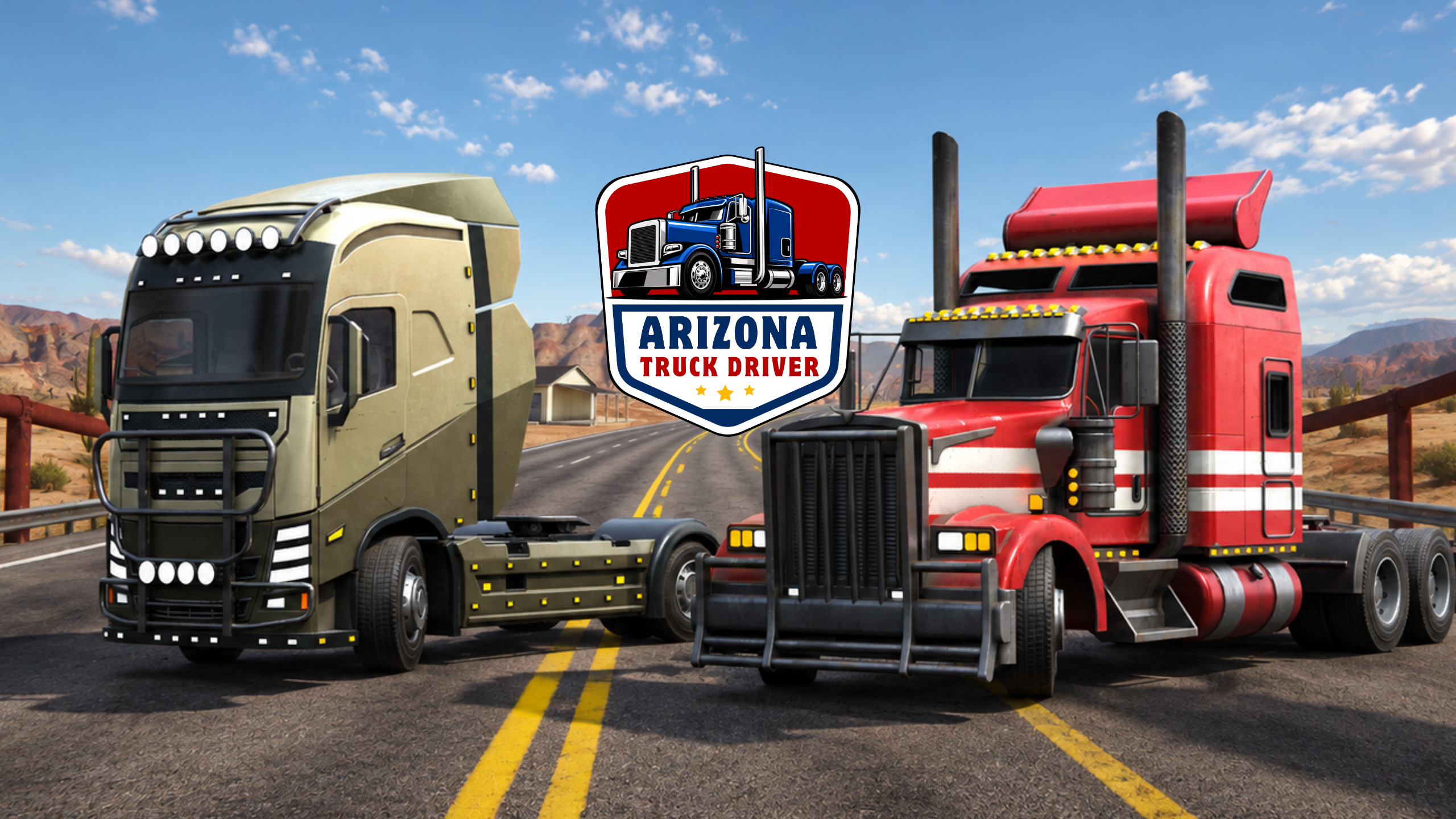 Official Arizona Truck Driver key art showing two trucks on a desert highway, with the game logo between them.